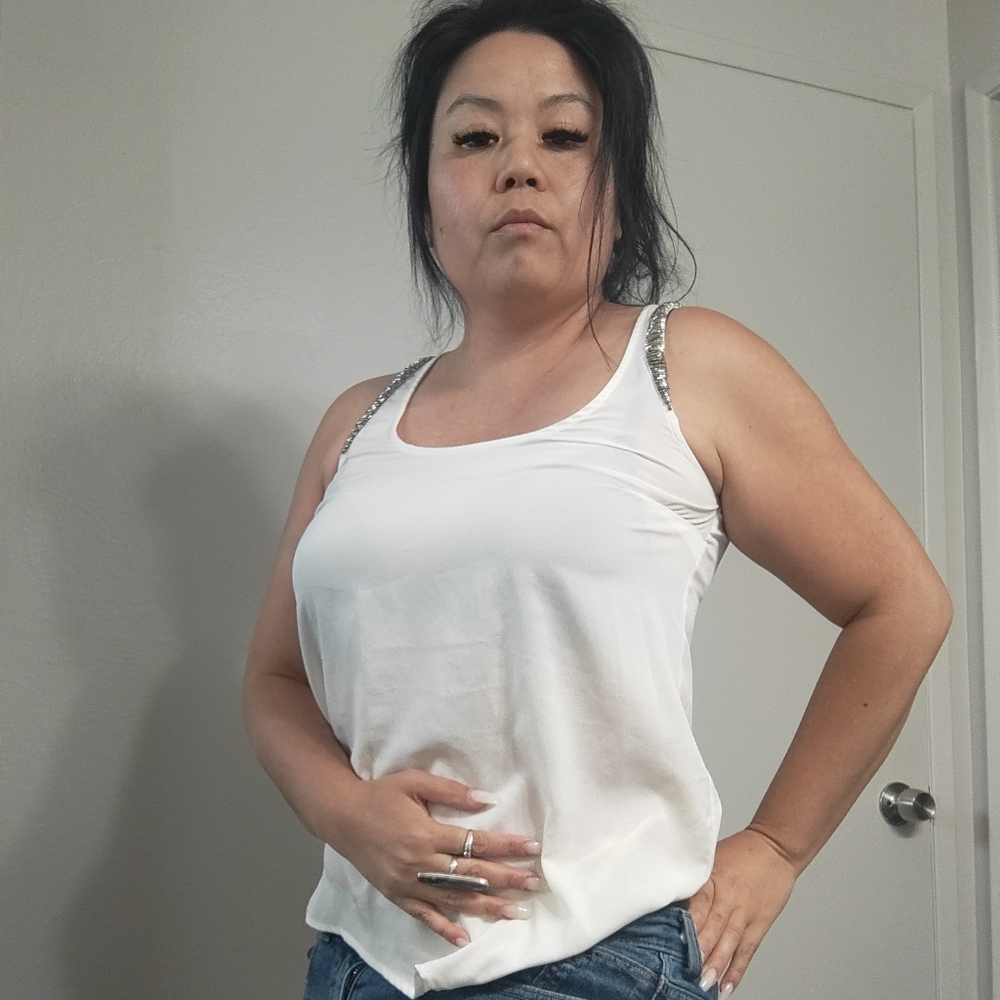 White Sleeveless Top with Silver Accents